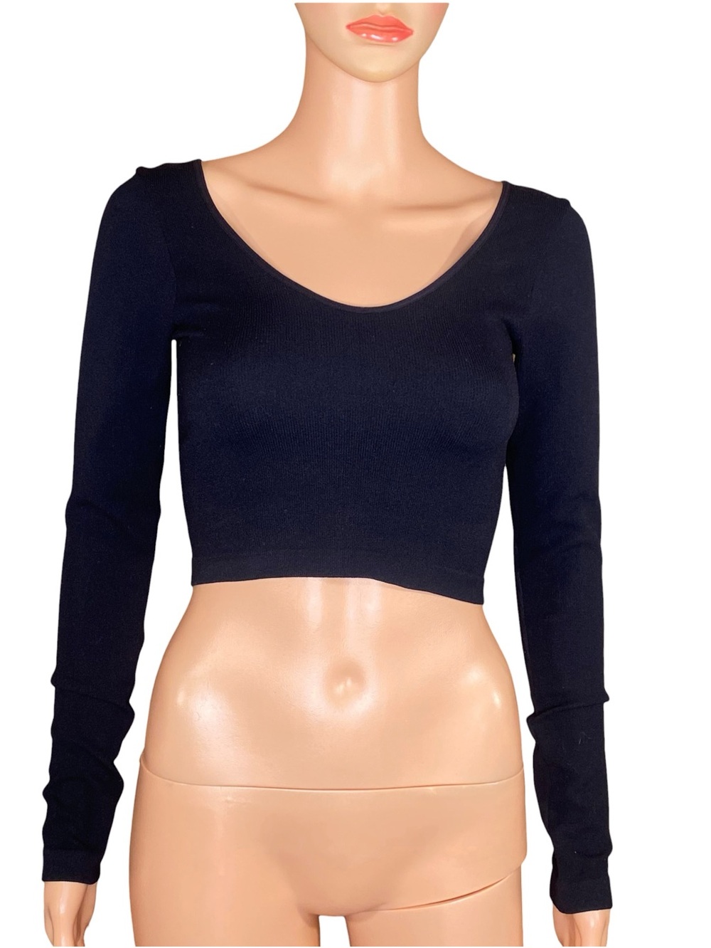Long Sleeve Black Crop Top Ribbed Stretchy Matrerial Wide Neckline Casual SZ XS